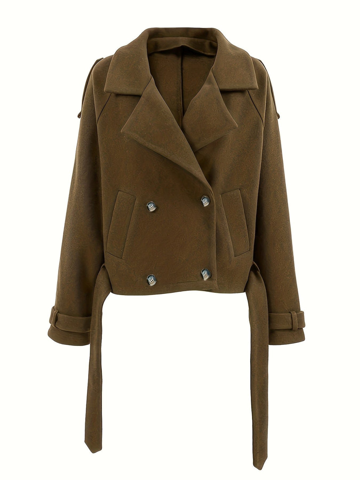 Woman wearing an olive green double breasted pea coat with notch lapel and tie belt over black outfit on city street_3