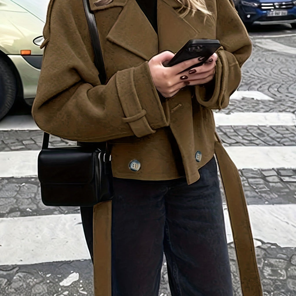 Andrea | Double Breasted Pea Coat with Notch Lapel and Tie Belt