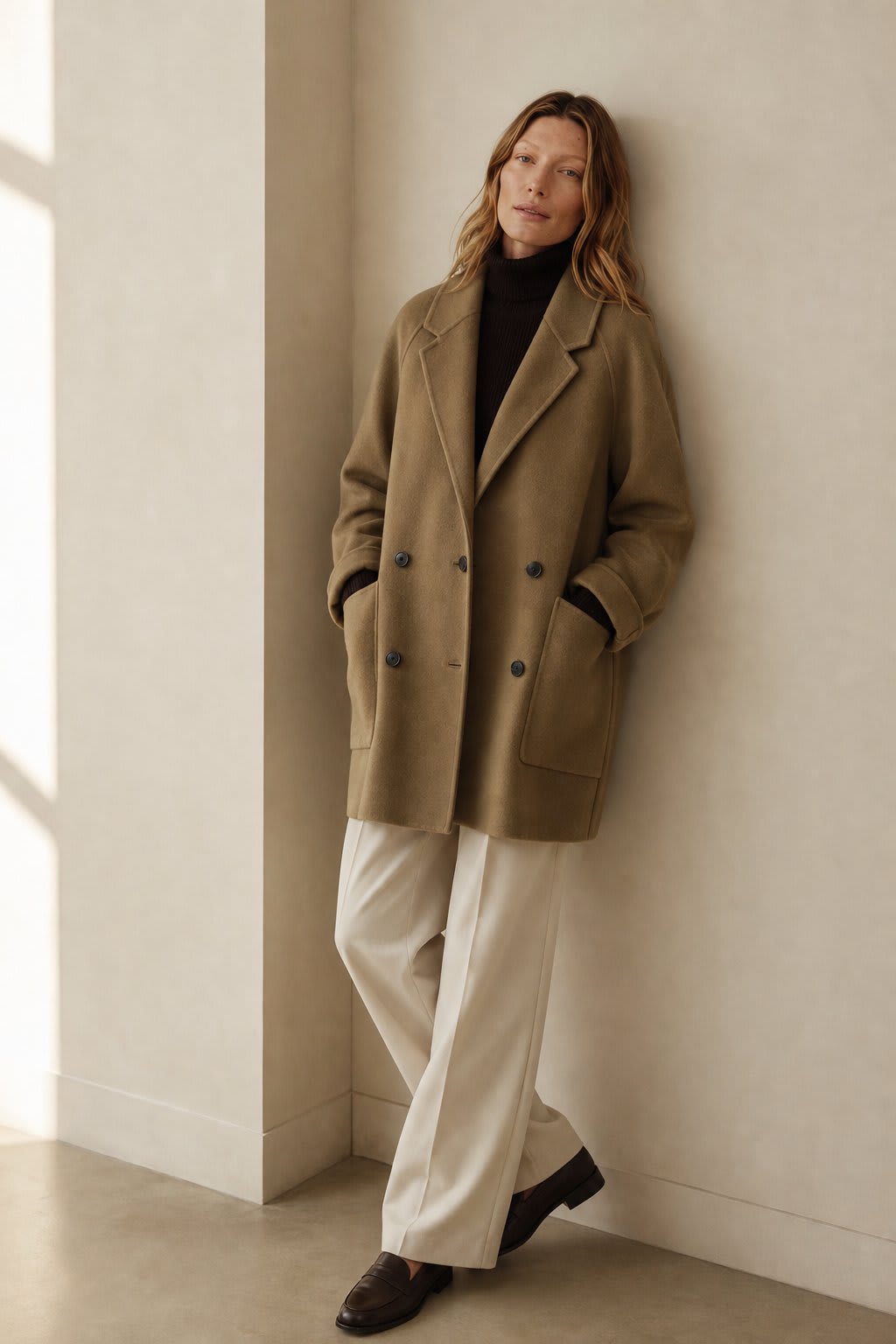 Woman wearing a gray double-breasted coat with rolled cuffs and notched lapels over a black turtleneck_1