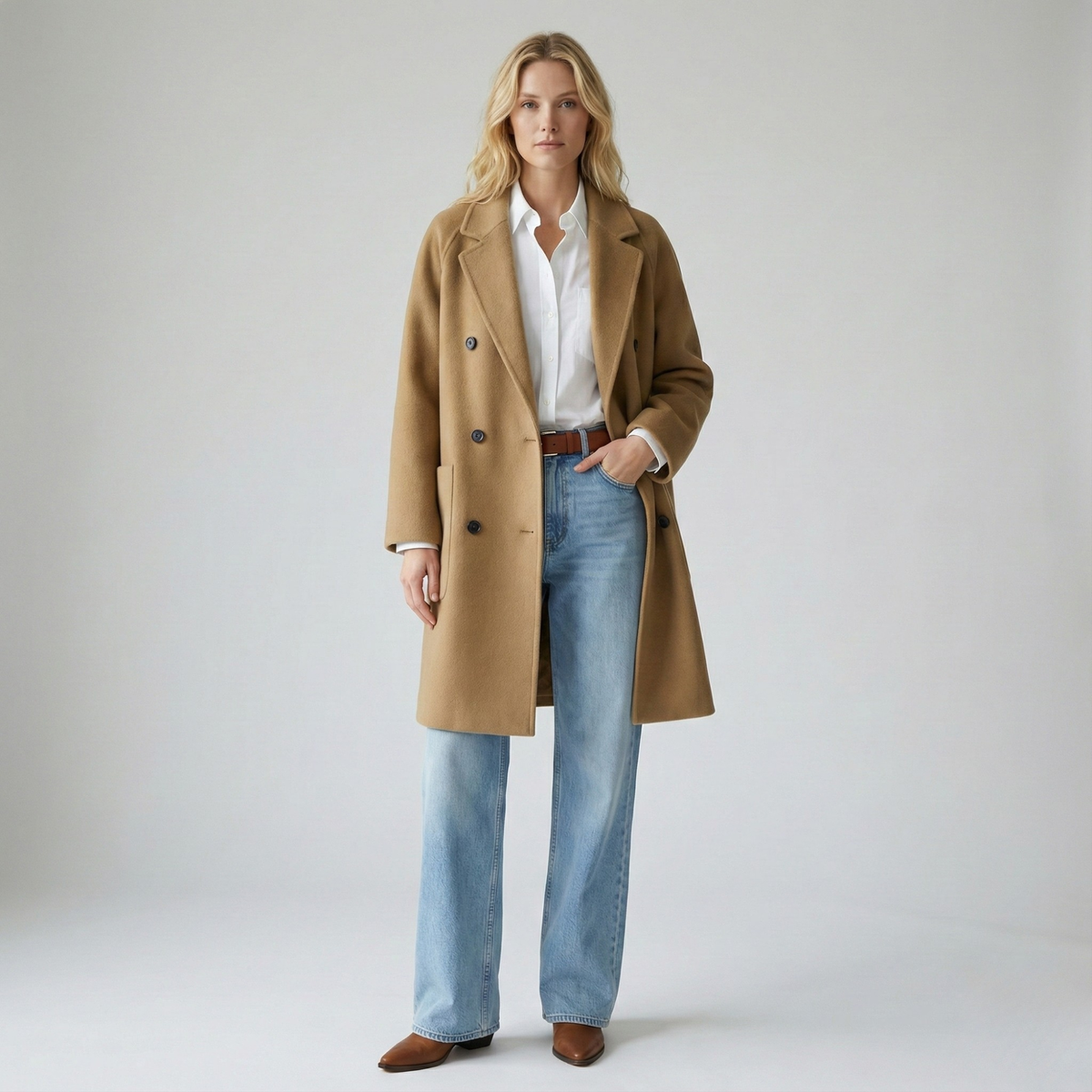 Woman wearing a gray double-breasted coat with rolled cuffs and notched lapels over a black turtleneck_10