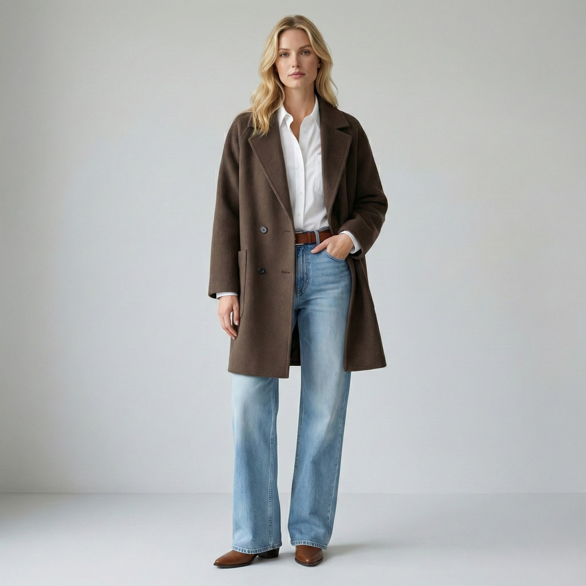 Woman wearing a gray double-breasted coat with rolled cuffs and notched lapels over a black turtleneck_14