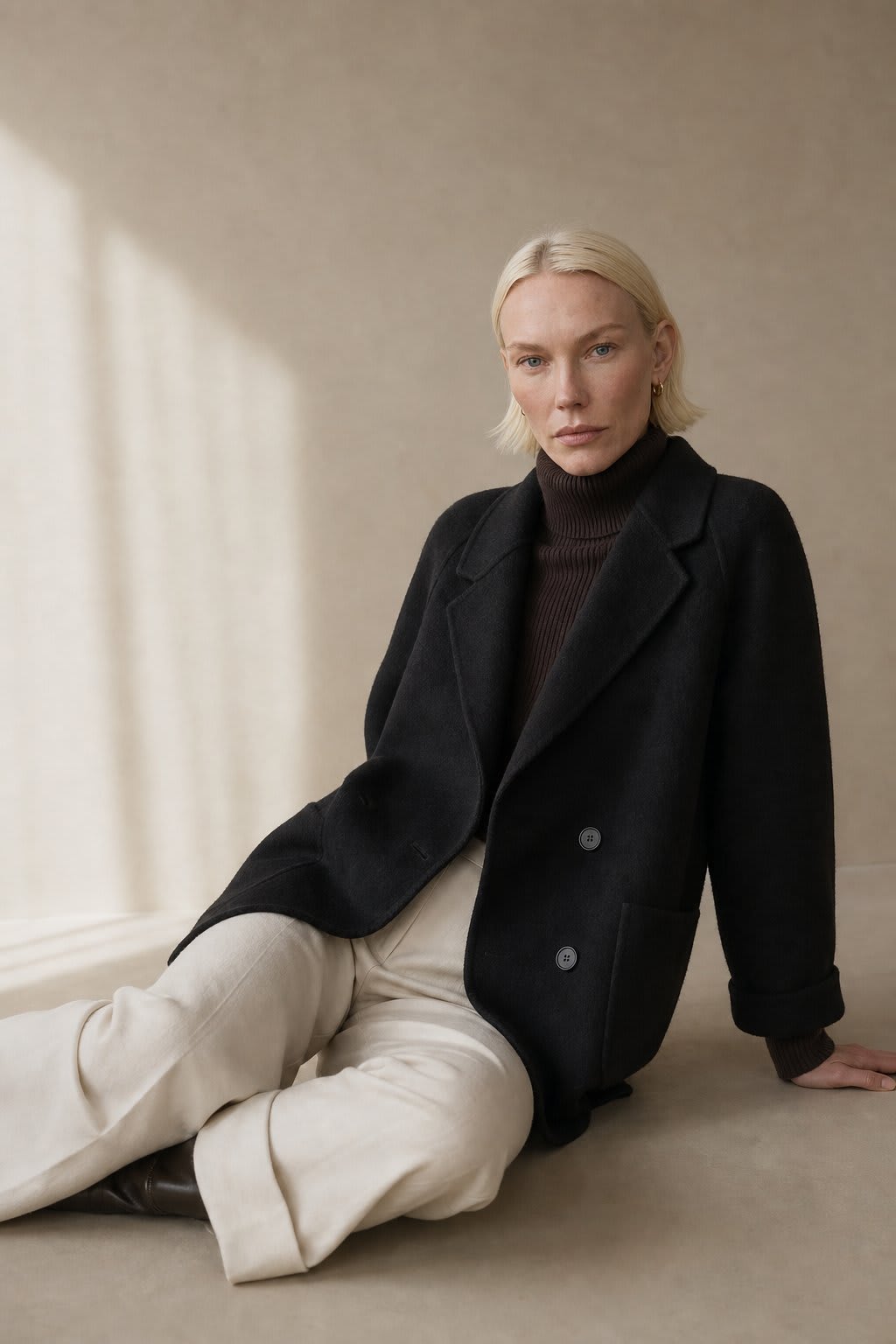 Woman wearing a gray double-breasted coat with rolled cuffs and notched lapels over a black turtleneck_3