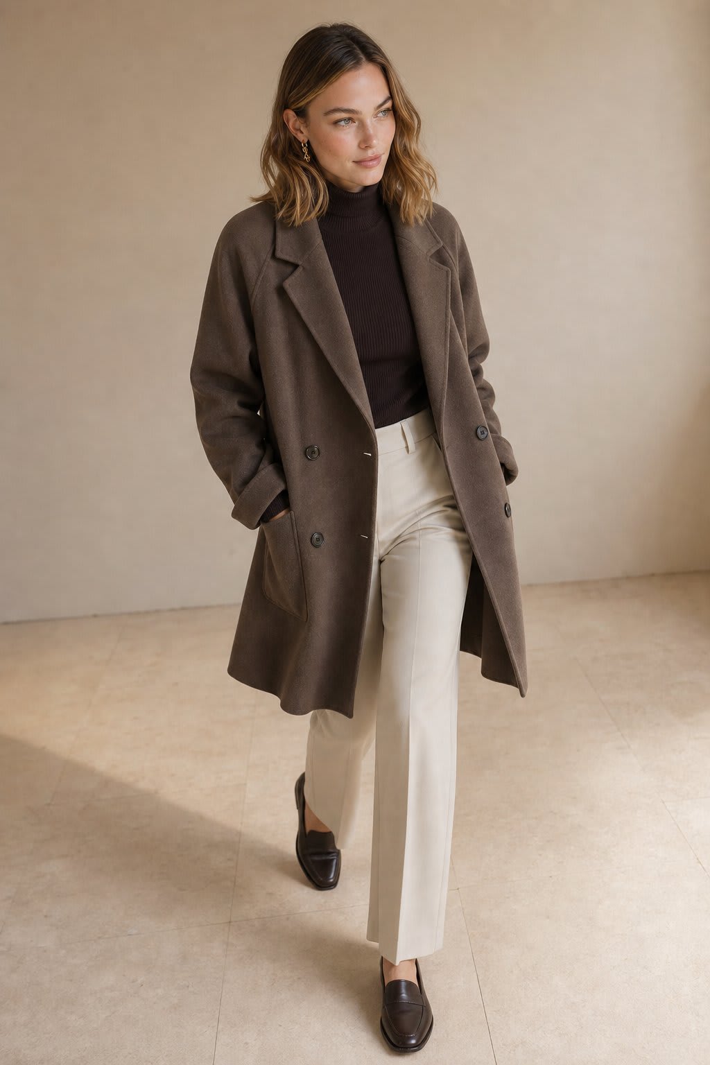 Woman wearing a gray double-breasted coat with rolled cuffs and notched lapels over a black turtleneck_5