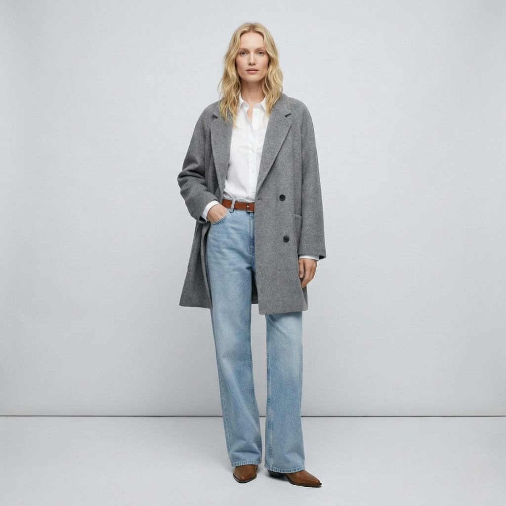 Woman wearing a gray double-breasted coat with rolled cuffs and notched lapels over a black turtleneck_8