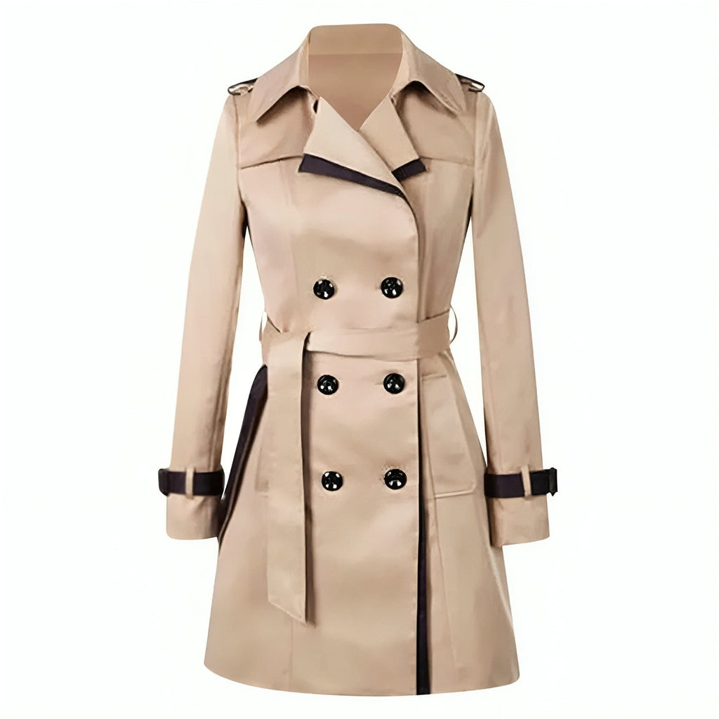 Beige double breasted trench coat with black contrast trim, belted waist, notched collar, and shoulder epaulets displayed on mannequin_0
