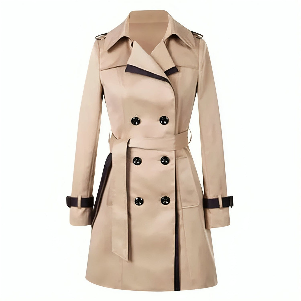 Beige double breasted trench coat with black contrast trim, belted waist, notched collar, and shoulder epaulets displayed on mannequin_0