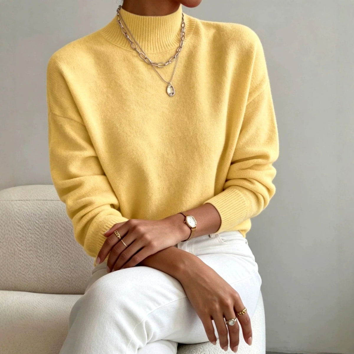 Melanie | Beige mock neck drop shoulder knit sweater