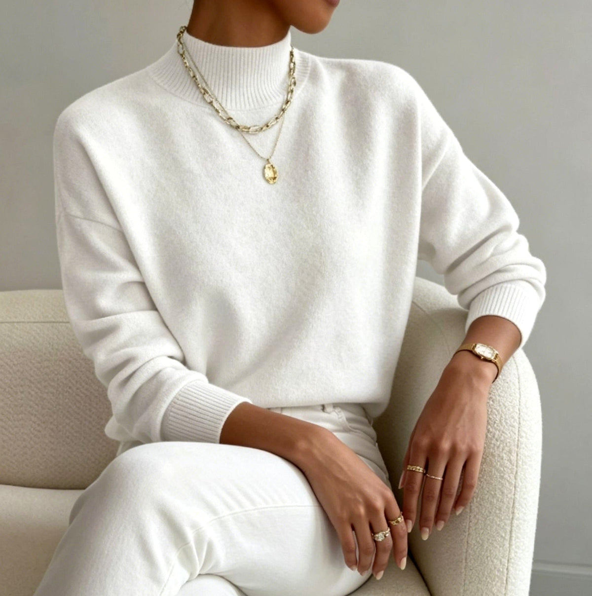 Melanie | Beige mock neck drop shoulder knit sweater