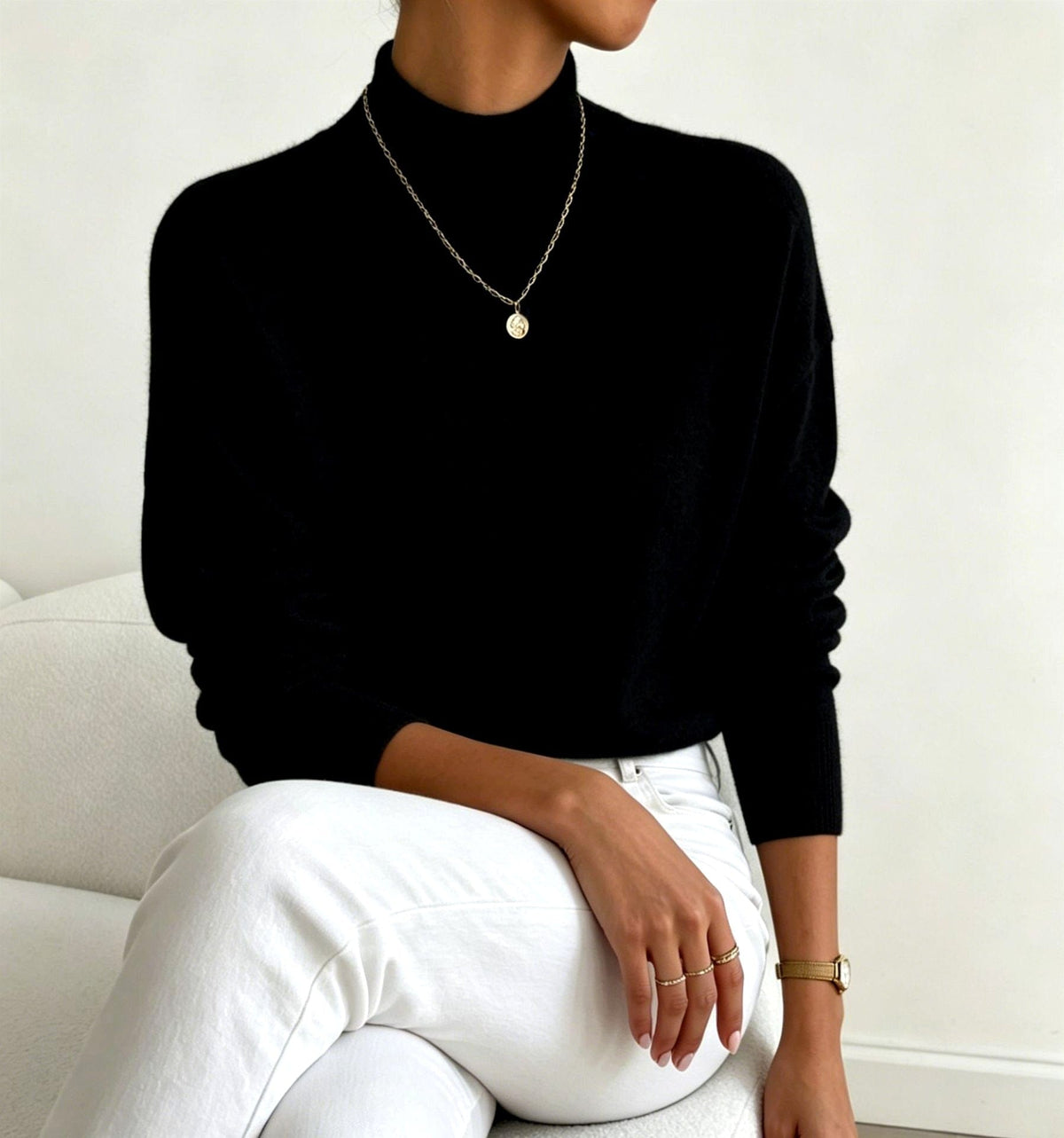 Melanie | Beige mock neck drop shoulder knit sweater
