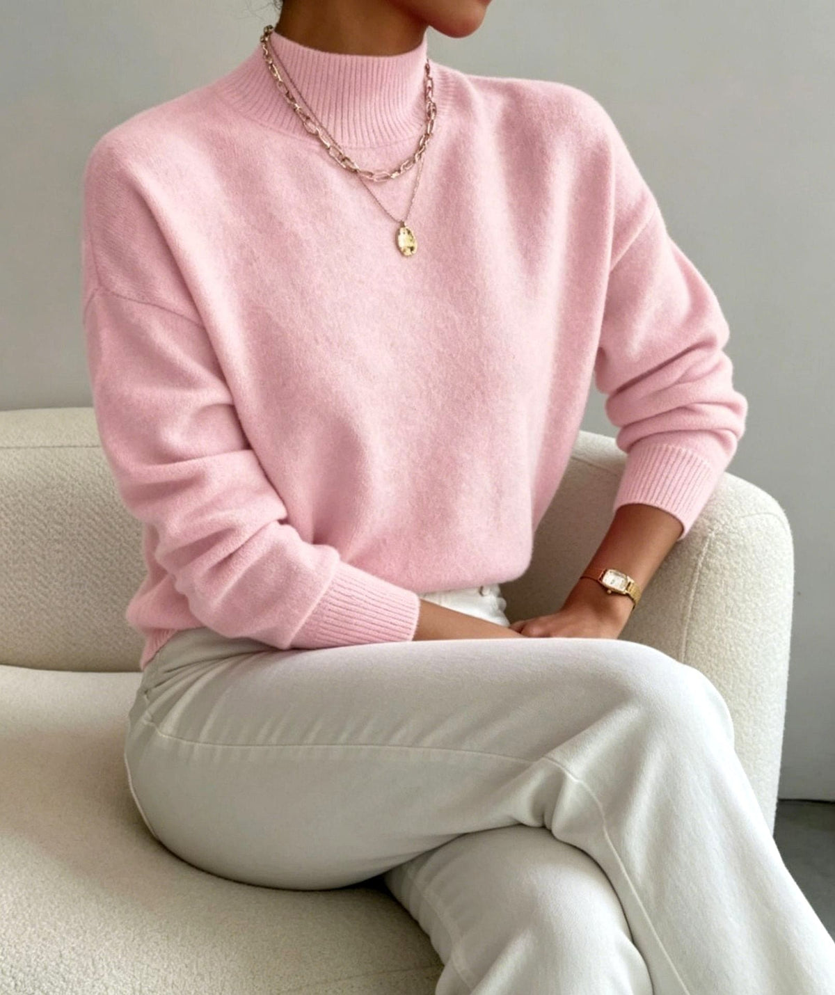 Melanie | Beige mock neck drop shoulder knit sweater