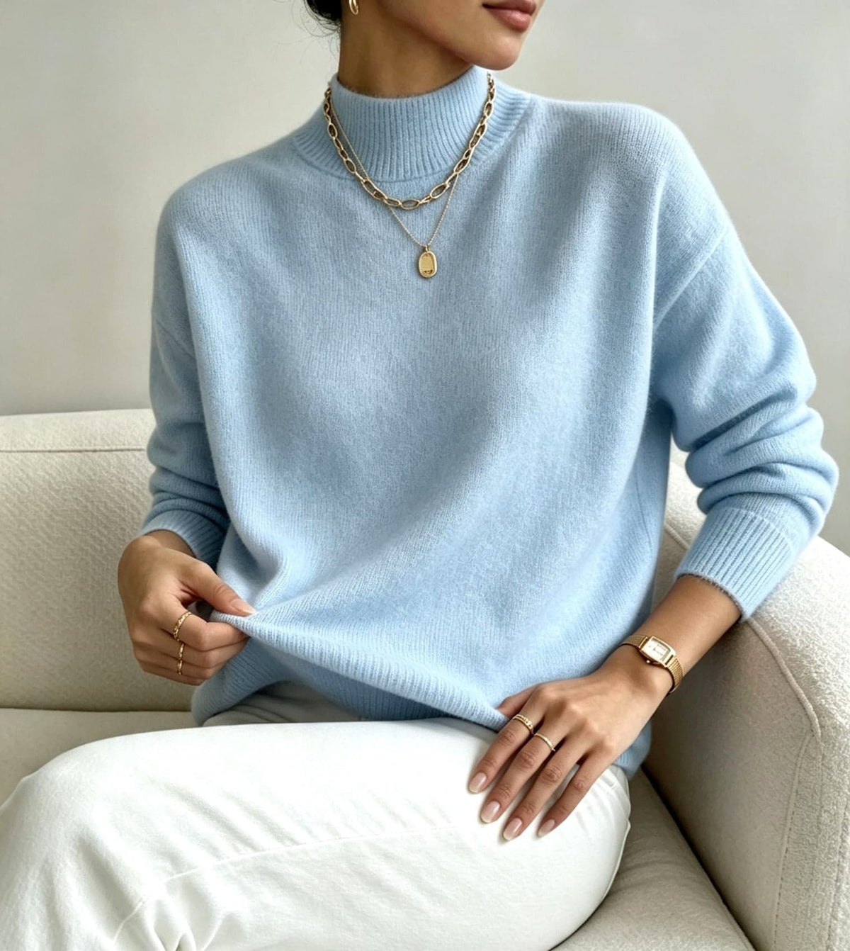 Melanie | Beige mock neck drop shoulder knit sweater