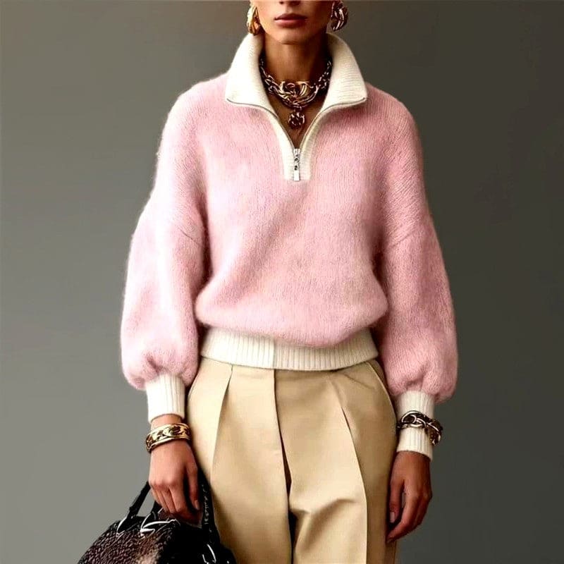 Zoe | Half-zip contrast collar knit sweater in camel and cream