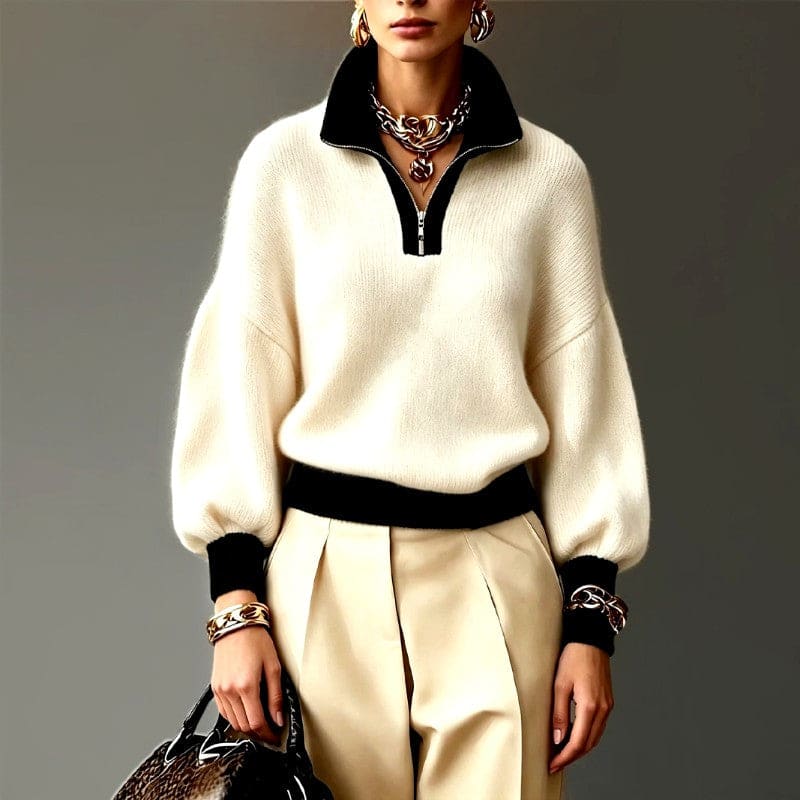 Zoe | Half-zip contrast collar knit sweater in camel and cream