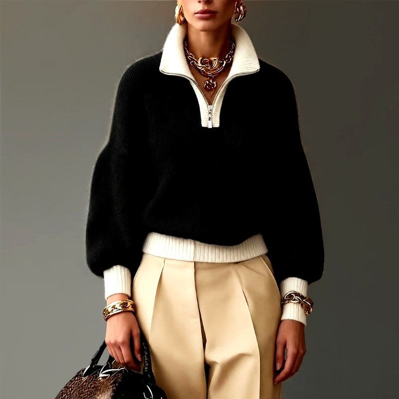 Zoe | Half-zip contrast collar knit sweater in camel and cream