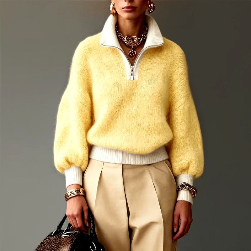 Zoe | Half-zip contrast collar knit sweater in camel and cream