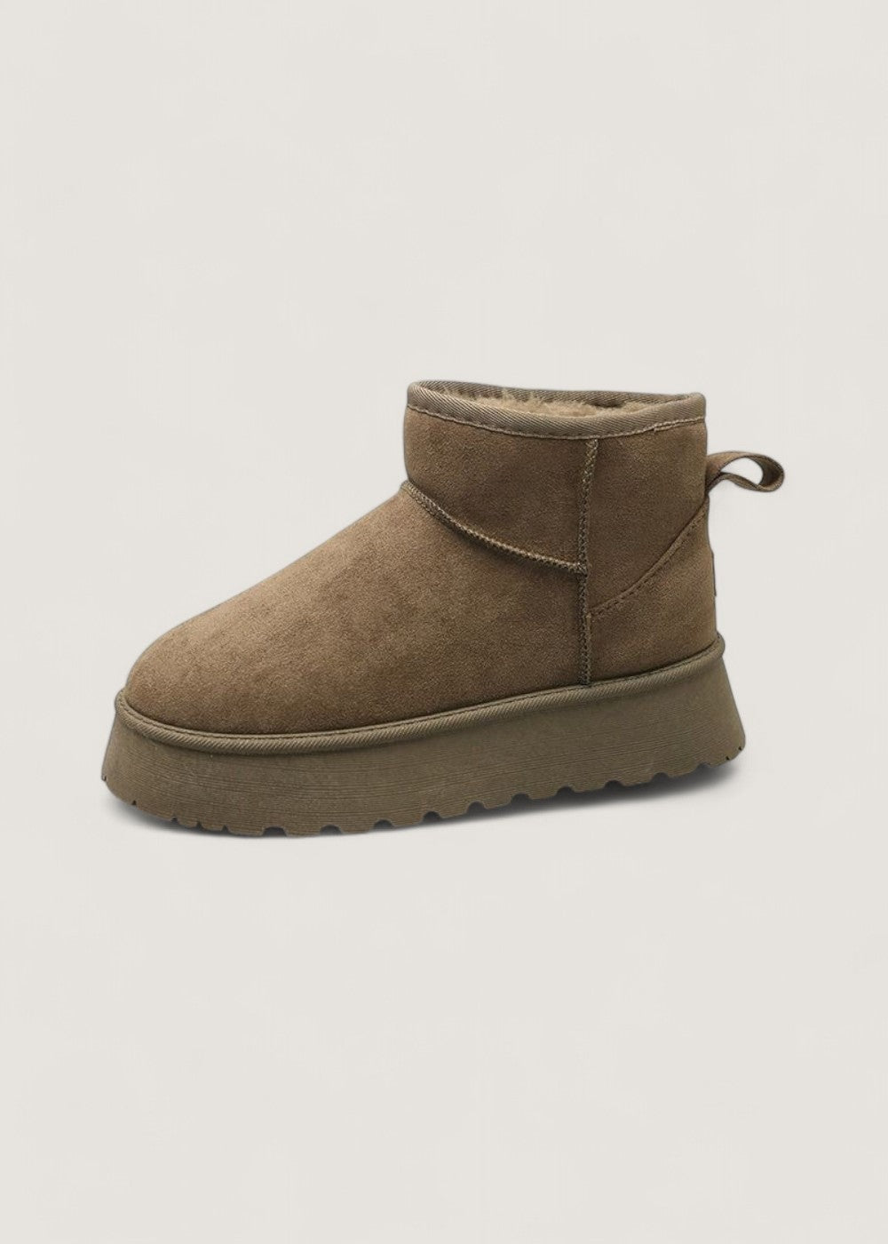 Brown platform ankle boot shown from the outer side with a rounded toe, ankle-height shaft, and rear pull tab.