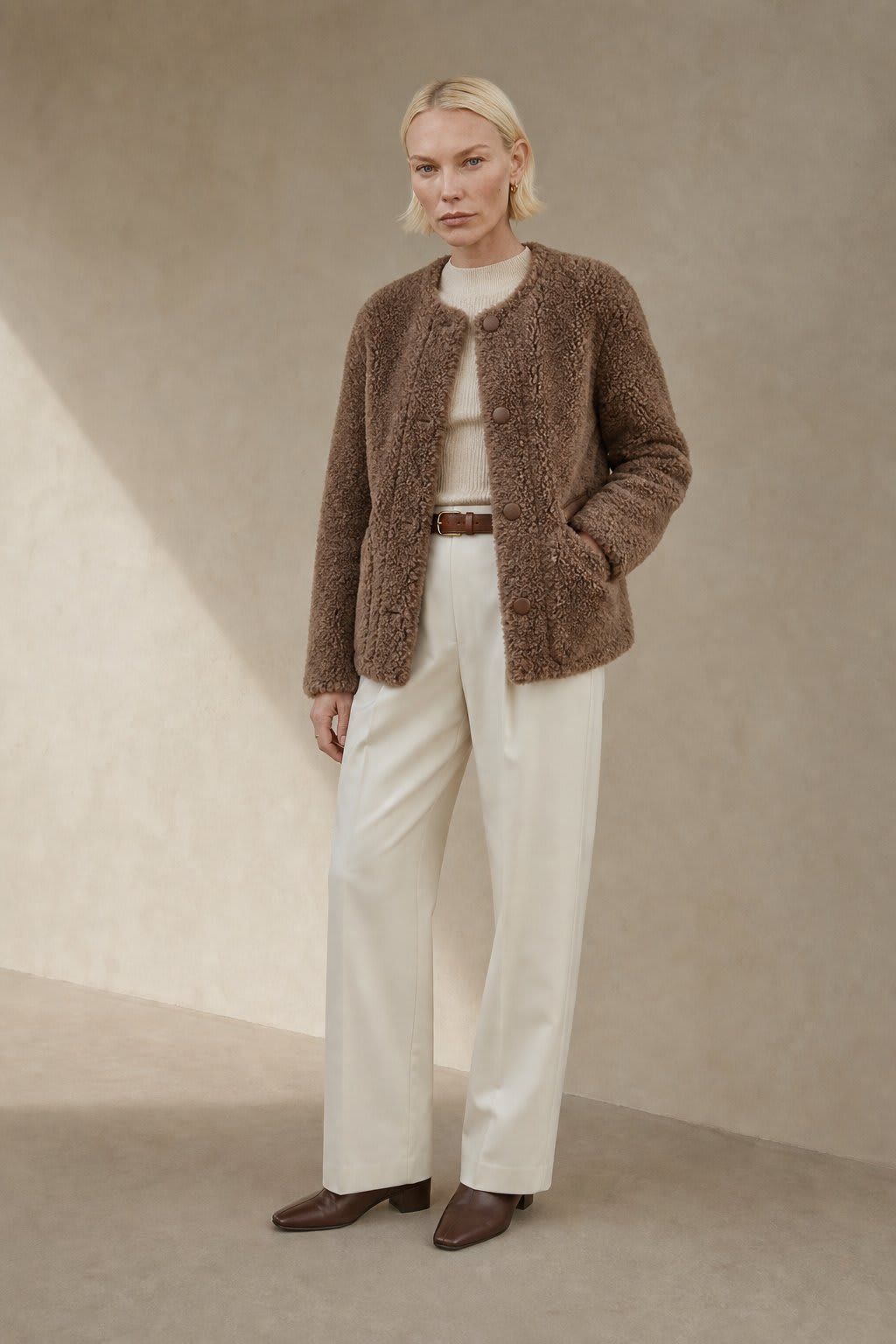 Donna | faux shearling coat with round neckline and button front closure