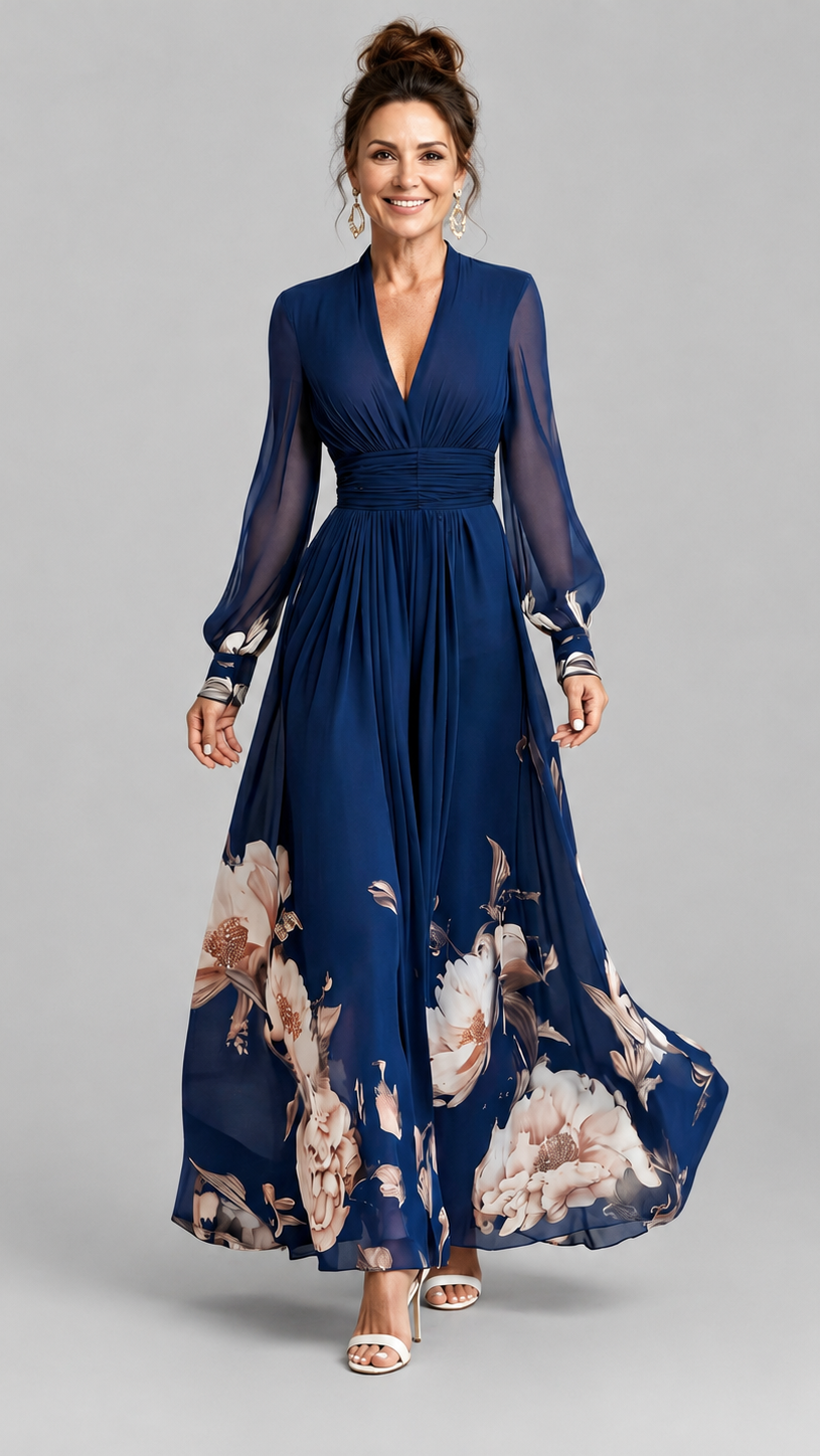 Floral Maxi Dress with V-Neck and Sheer Long Sleeves
