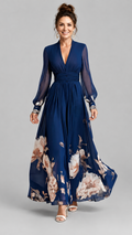 Floral Maxi Dress with V-Neck and Sheer Long Sleeves