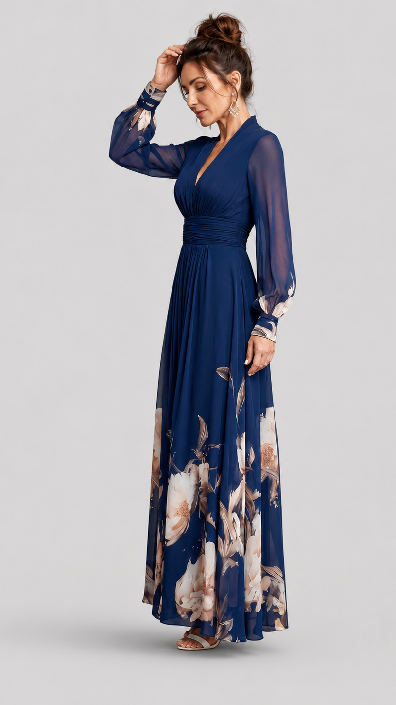 Floral Maxi Dress with V-Neck and Sheer Long Sleeves