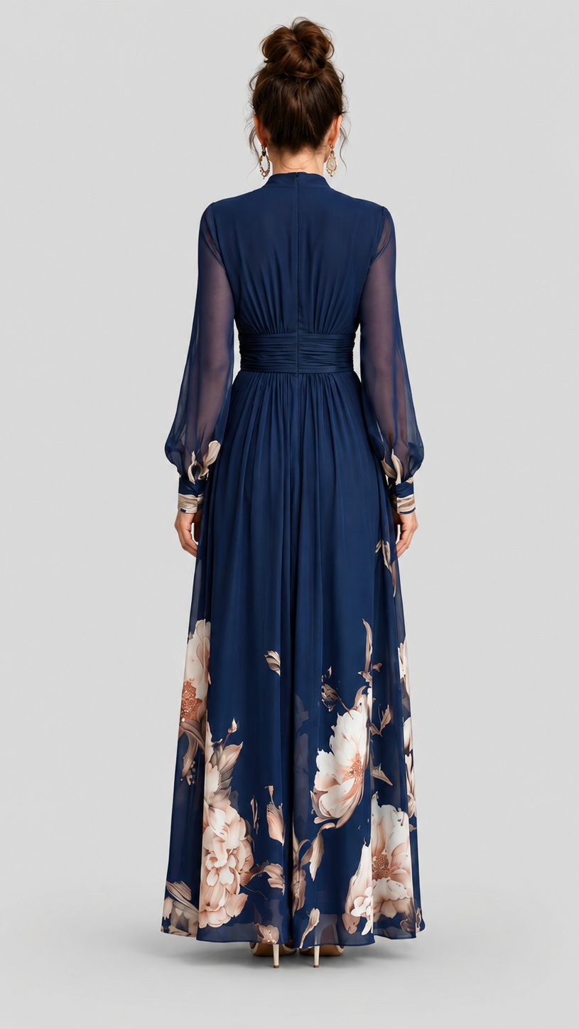 Floral Maxi Dress with V-Neck and Sheer Long Sleeves