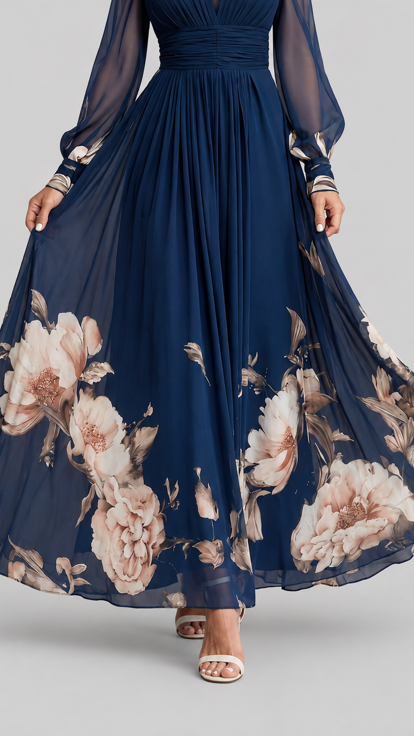 Floral Maxi Dress with V-Neck and Sheer Long Sleeves