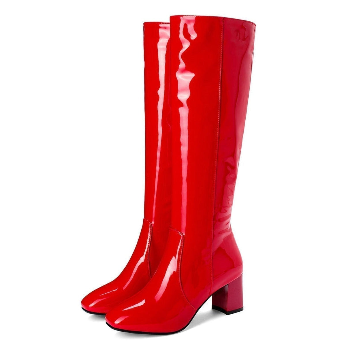 Pair of glossy red knee-high boots with rounded toes and sturdy block heels, shown together against a white background.