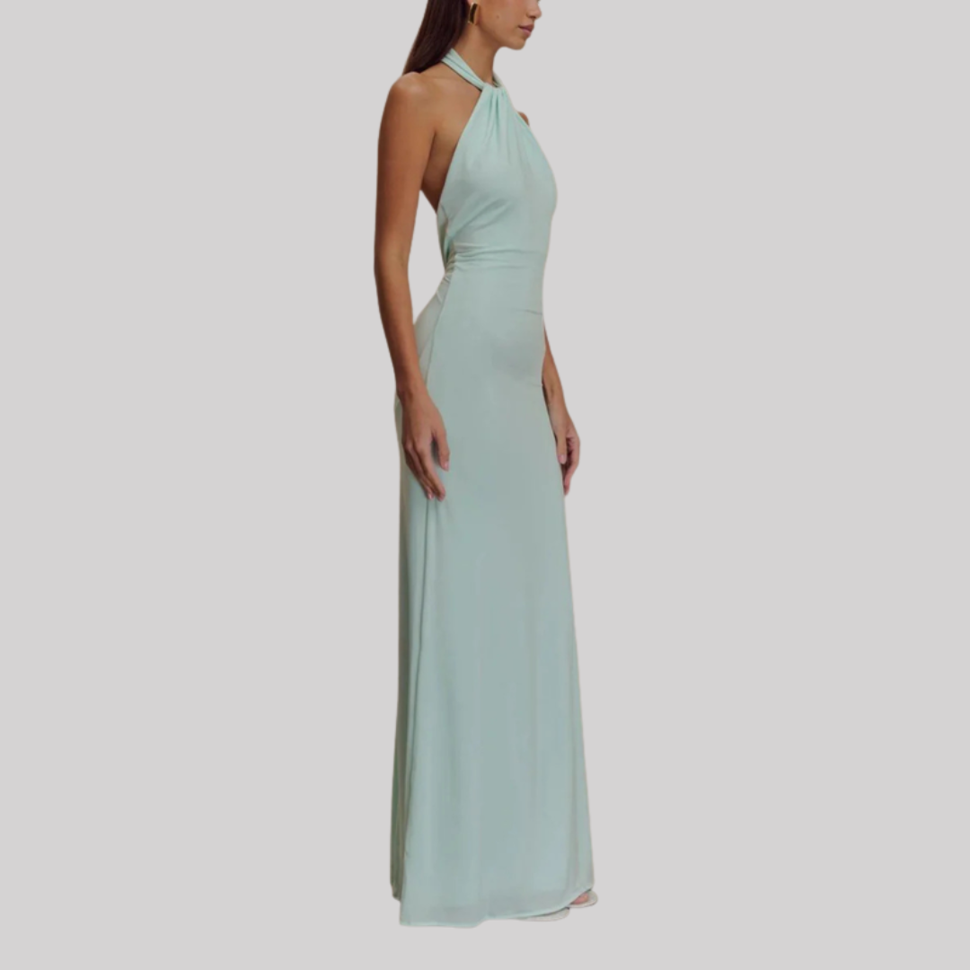 Model wearing a halter neck maxi dress with bodycon fit, open back design, and floor-length hem in a soft pastel shade._2
