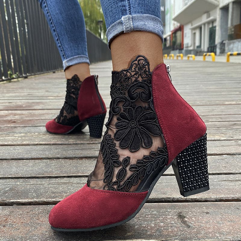 Andrea | Heeled Ankle Boots with Sheer Floral Lace Panels and Studded Block Heel