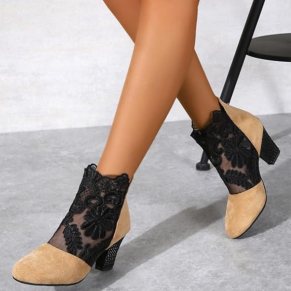 Andrea | Heeled Ankle Boots with Sheer Floral Lace Panels and Studded Block Heel