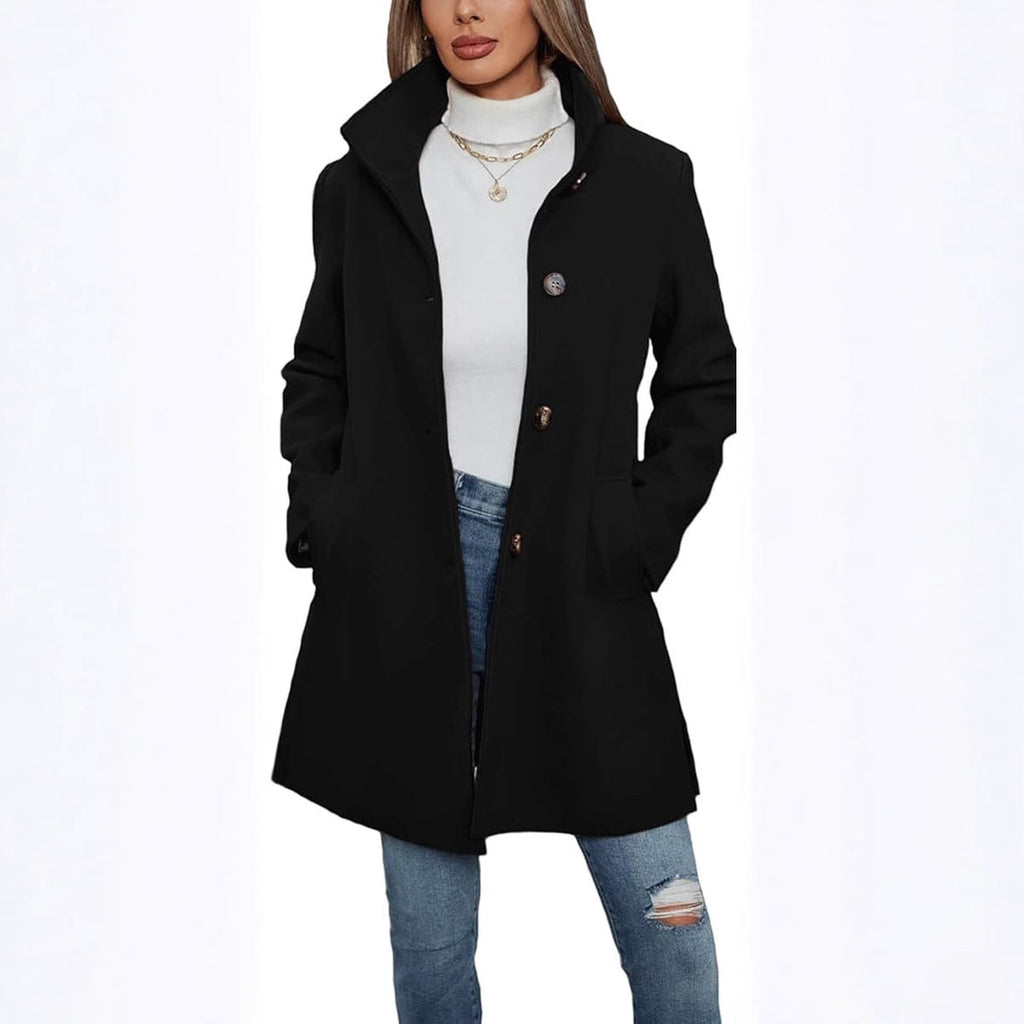 Black high-collar coat with a clean silhouette, front buttons, and hands resting in the side pockets.