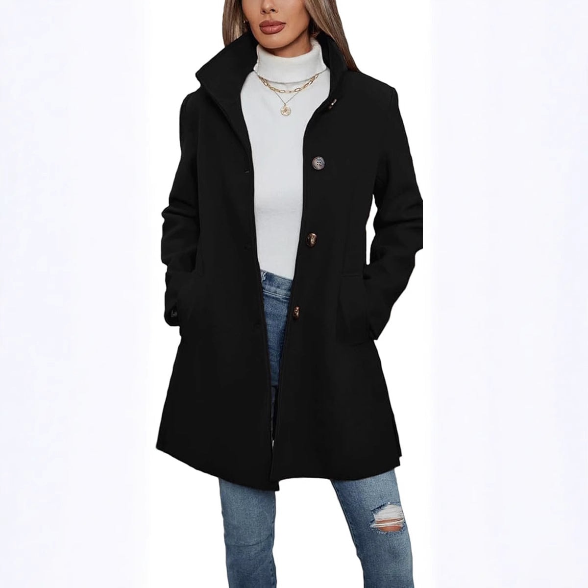 Black high-collar coat with a clean silhouette, front buttons, and hands resting in the side pockets.