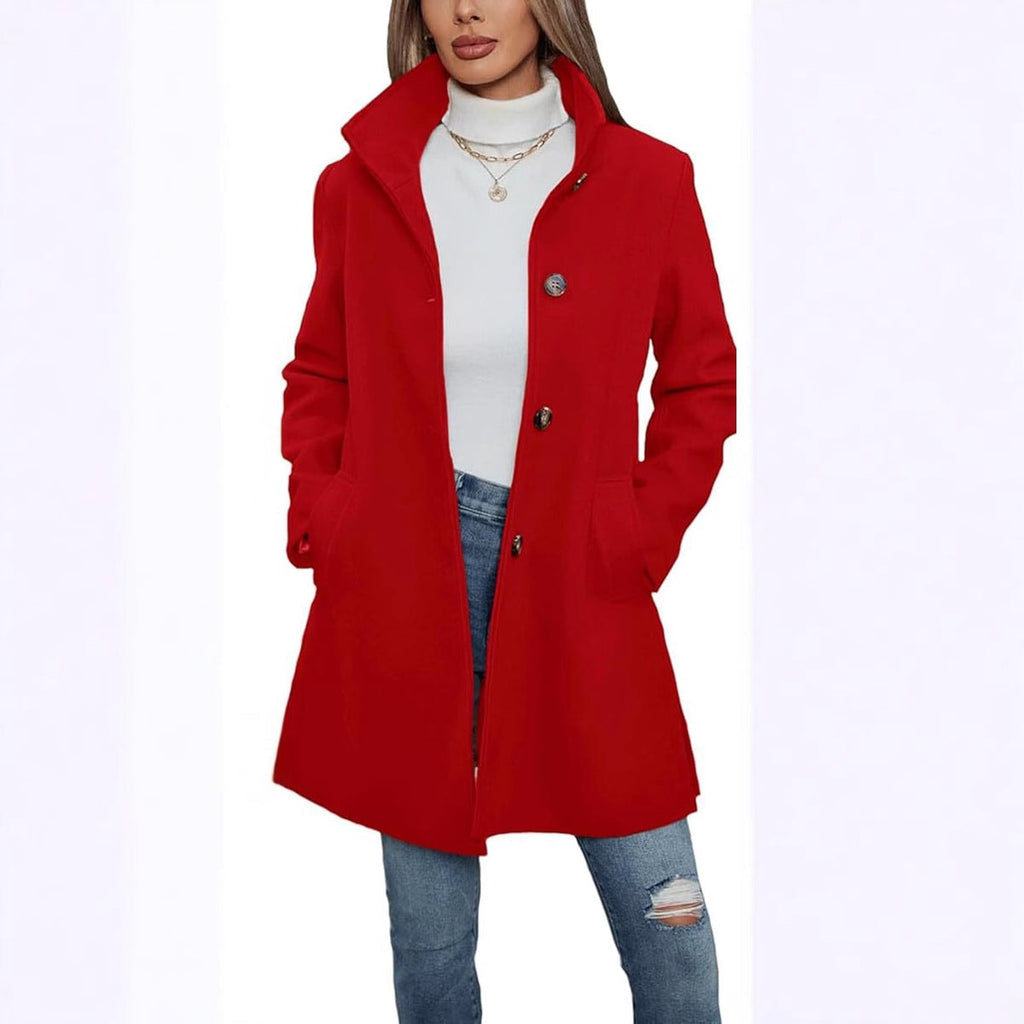 Bright red button-front coat featuring a raised collar and two practical side pockets.