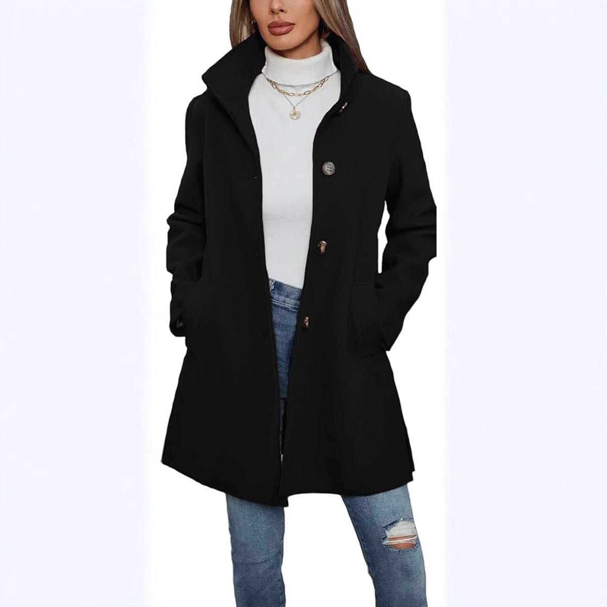 Black coat shown from the front with its button closure, high collar, and pocket placement clearly visible.