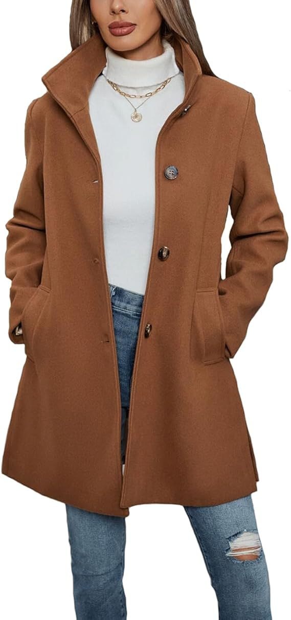 Close-up view of the brown coat highlighting the high collar, front buttons, and roomy side pockets.