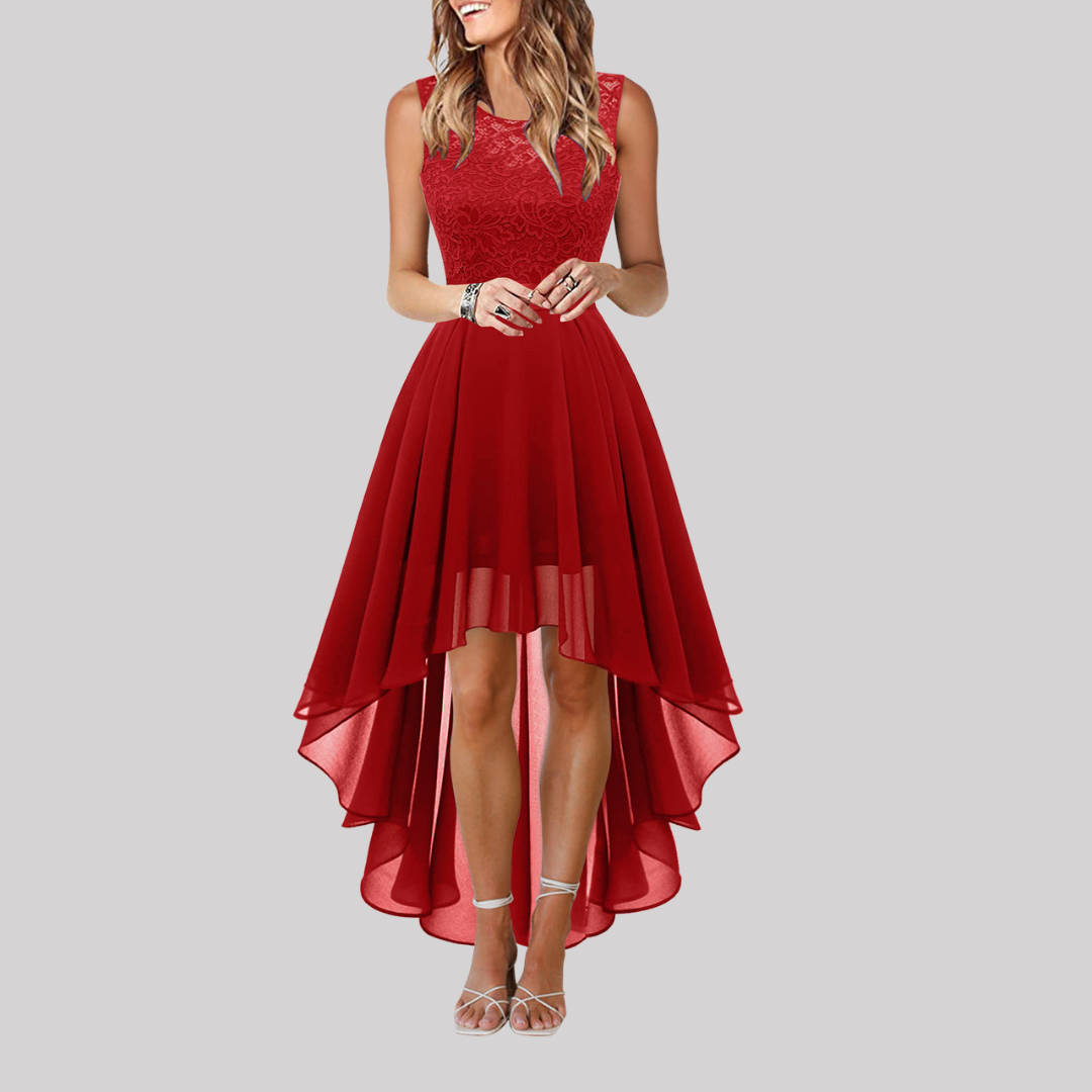 Katie | High-Low Wedding Dress with Lace Bodice and Flowing Asymmetric Skirt for Wedding Guest