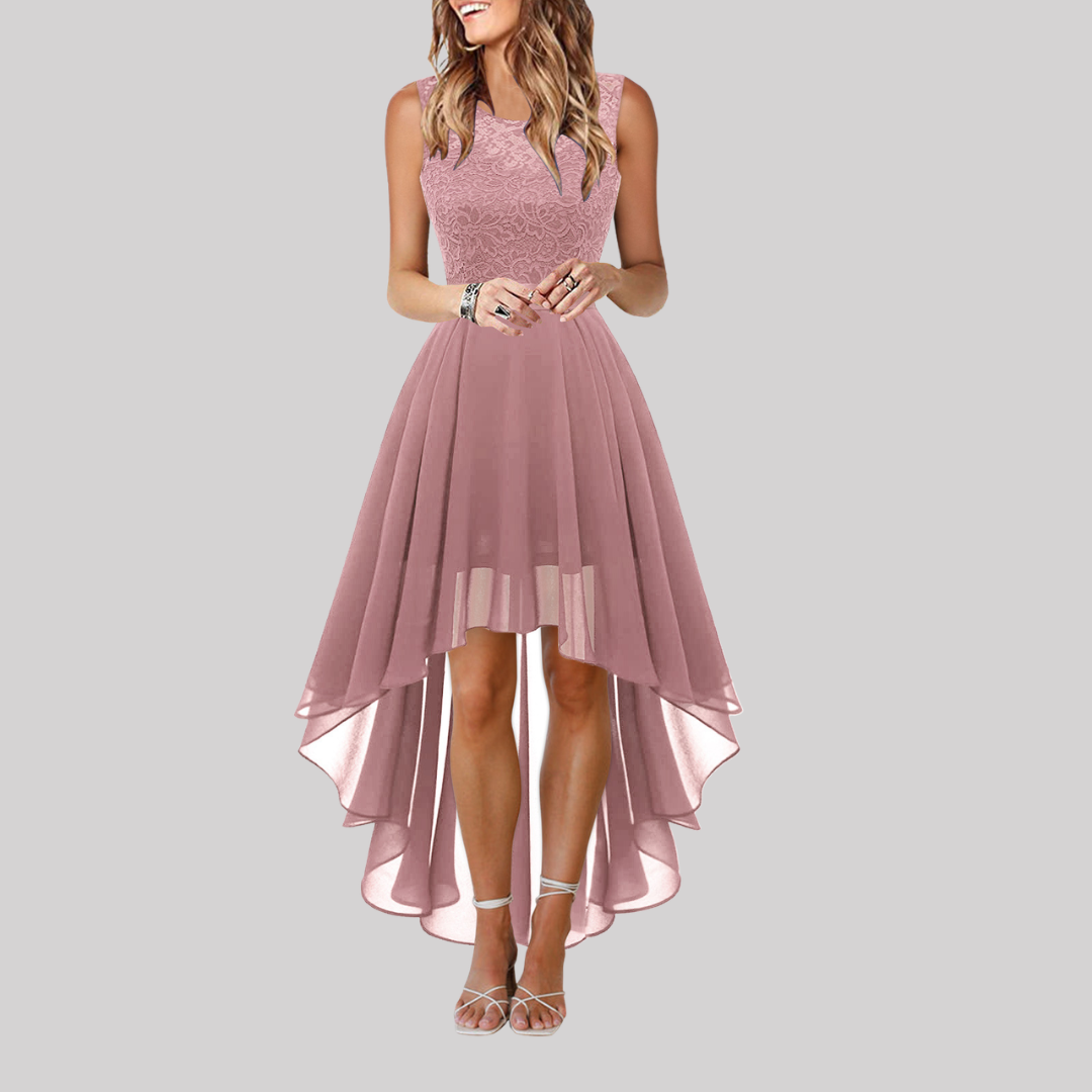 Katie | High-Low Wedding Dress with Lace Bodice and Flowing Asymmetric Skirt for Wedding Guest