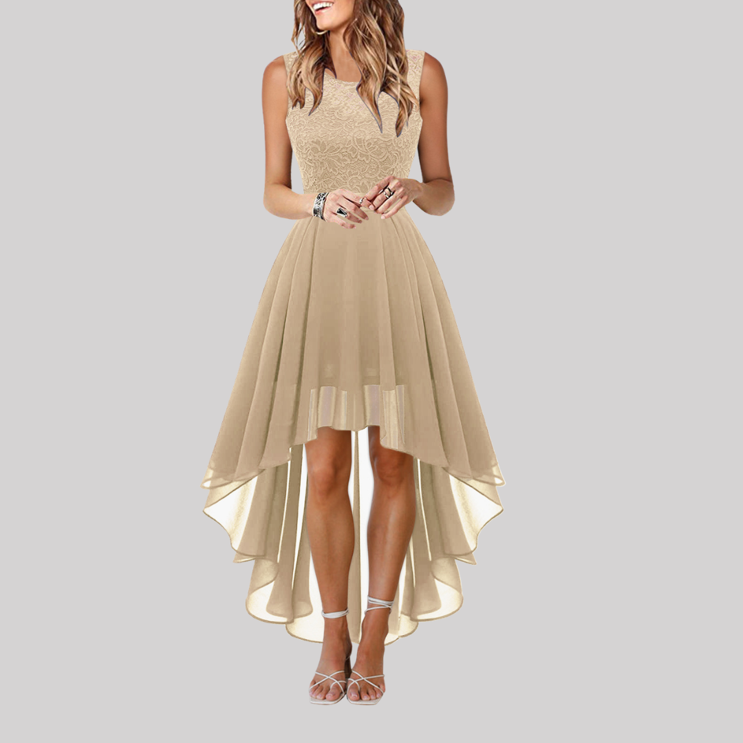 Katie | High-Low Wedding Dress with Lace Bodice and Flowing Asymmetric Skirt for Wedding Guest