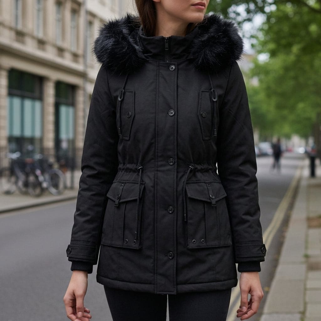 Woman wearing a hooded parka jacket with faux fur trim, cinched waist, and flap pockets, standing outdoors on a city street._0