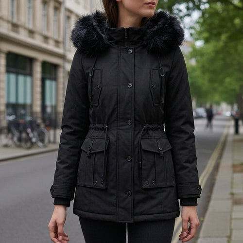 Woman wearing a hooded parka jacket with faux fur trim, cinched waist, and flap pockets, standing outdoors on a city street._0