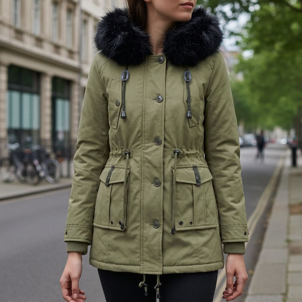 Barbara | Hooded Parka Jacket with Faux Fur Trim and Cinched Waist