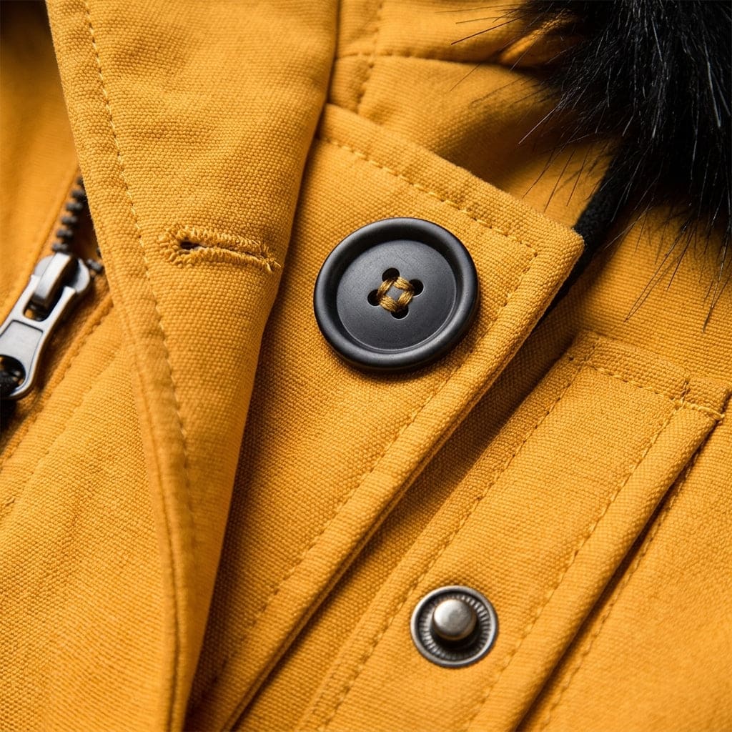 Woman wearing a hooded parka jacket with faux fur trim, cinched waist, and flap pockets, standing outdoors on a city street._6