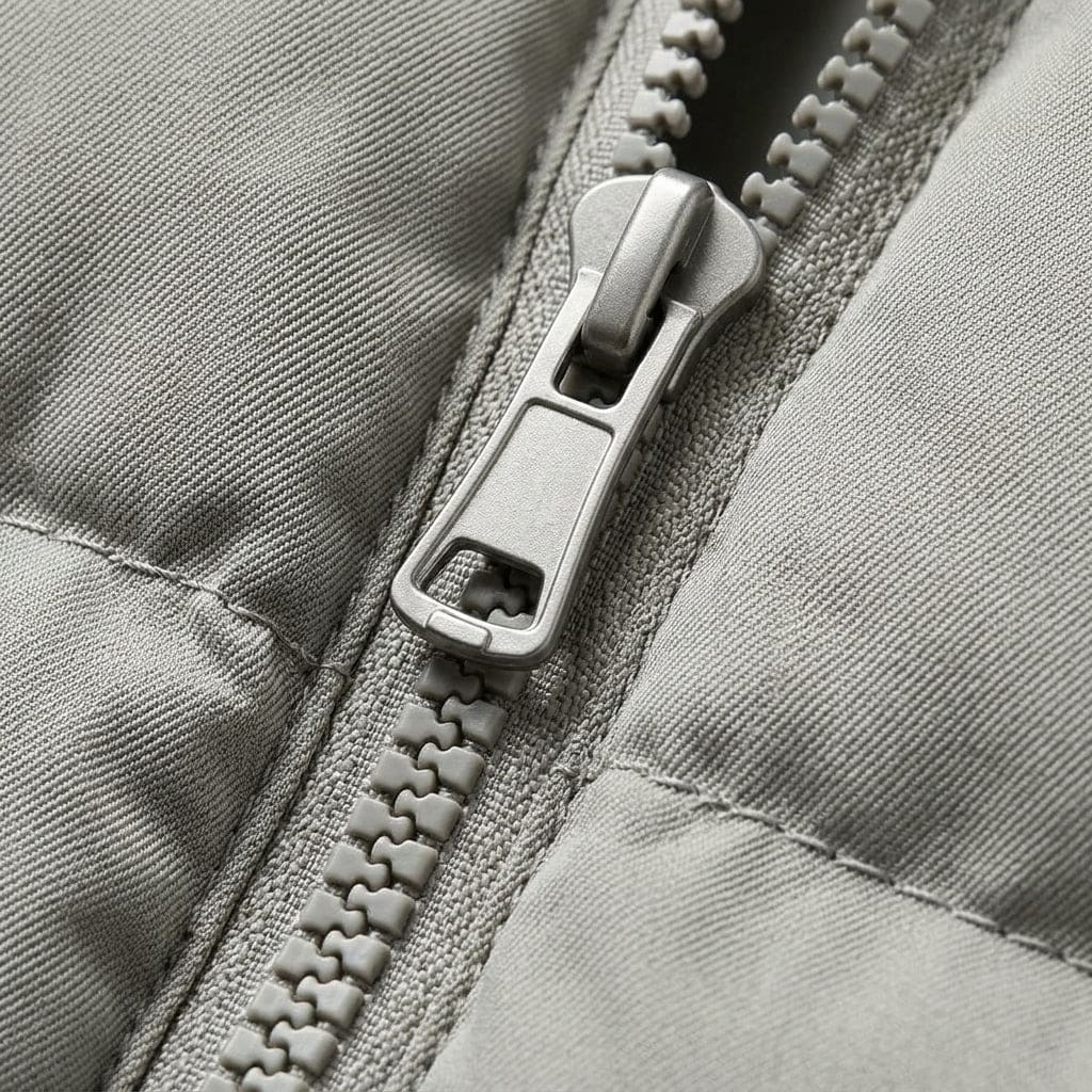 Woman wearing a cream hooded puffer jacket with quilted design outdoors in a park setting._8