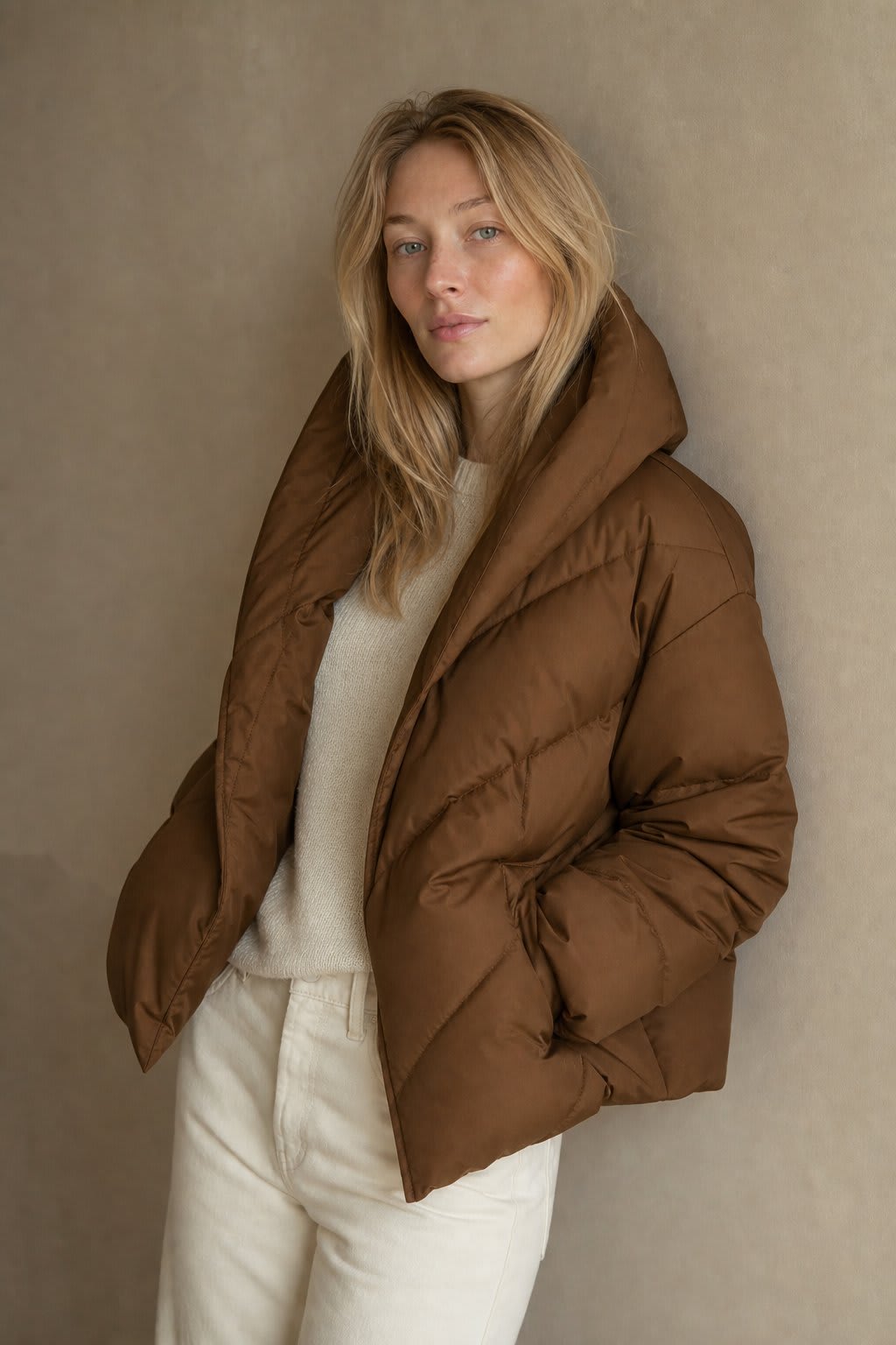Woman wearing a hooded quilted puffer jacket in a cropped relaxed fit, styled with a light sweater and trousers._0