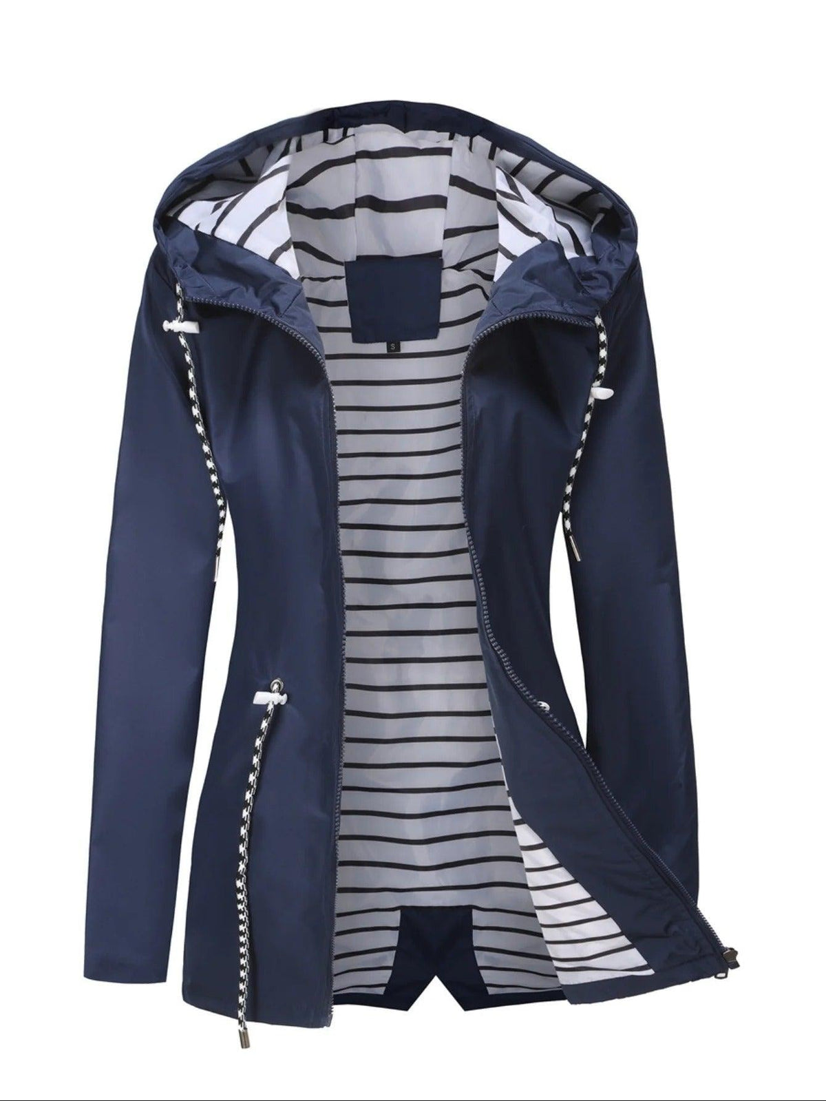Navy hooded rain coat shown open, revealing a gray striped lining, zip front, and contrasting drawstring details.