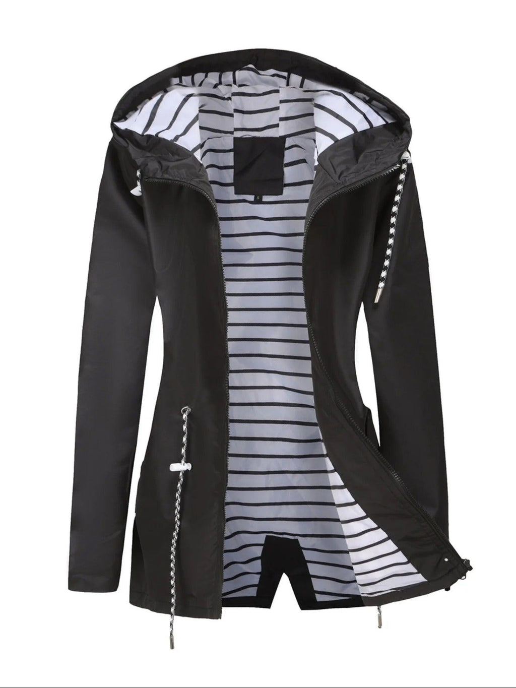 Black hooded rain coat displayed open with a striped interior, front zipper, and long adjustable drawstrings.