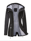 Black hooded rain coat displayed open with a striped interior, front zipper, and long adjustable drawstrings.