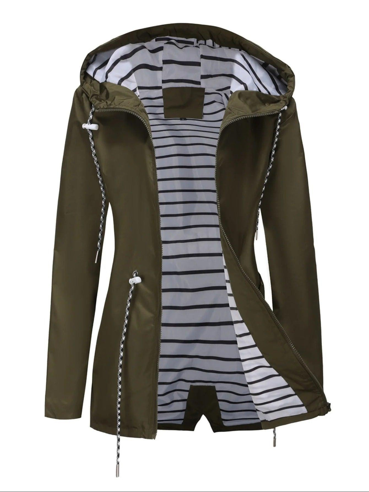 Olive green hooded rain coat shown open, highlighting the striped lining, zip closure, and drawstring accents.