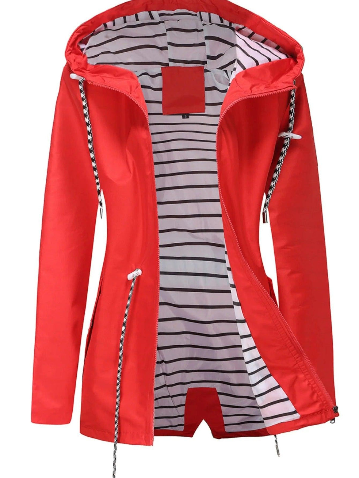 Bright red hooded rain coat shown open with a gray striped lining and black-and-white drawstrings at the hood and pockets.