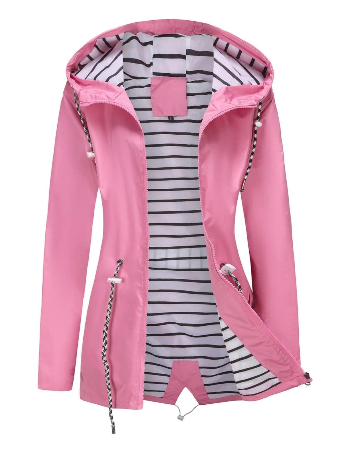 Pink hooded rain coat displayed open, showing its striped lining, front zipper, and adjustable drawstring details.